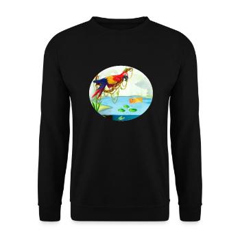 Papagei Ara im Wald am See mit Fisch bunt - Unisex Pullover - Schwarz - Vorne - Alina (178cm) & Michal (187cm)
