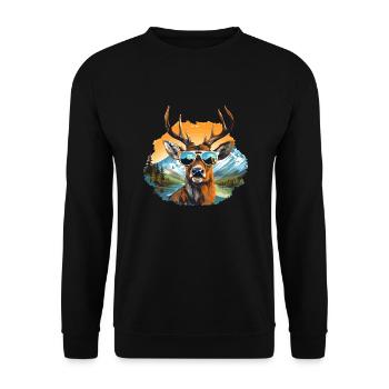 Cooler Hirsch mit Sonnenbrille, Tracht Dorffest - Unisex Pullover - Schwarz - Vorne - Alina (178cm) & Michal (187cm)