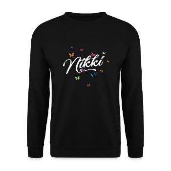 NIKKI - Nom de fille avec des papillons colorés - Sweat-shirt Unisexe - noir - Devant - Alina (178cm) & Michal (187cm)