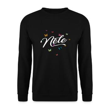 NELE - Mädchen Name mit bunten Schmetterlingen - Unisex Pullover - Schwarz - Vorne - Alina (178cm) & Michal (187cm)