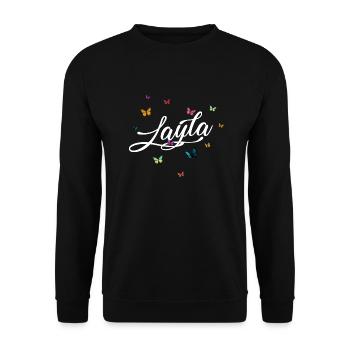 LAYLA - Mädchen Name mit bunten Schmetterlingen - Unisex Pullover - Schwarz - Vorne - Alina (178cm) & Michal (187cm)