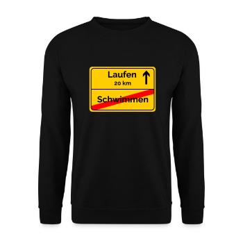 Ortsschild Schwimmen Laufen Sprintdistanz - Unisex Pullover - Schwarz - Vorne - Alina (178cm) & Michal (187cm)