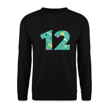 Personalisierte 12-Geburtstagsnummer - Unisex Pullover - Schwarz - Vorne - Alina (178cm) & Michal (187cm)