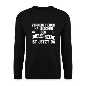 Lagergott Gabelstapler Logistiker Lagerist Stapler - Unisex Pullover - Schwarz - Vorne - Alina (178cm) & Michal (187cm)