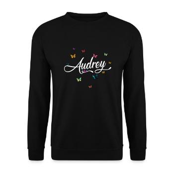 AUDREY - Mädchen Name mit bunten Schmetterlingen - Unisex Pullover - Schwarz - Vorne - Alina (178cm) & Michal (187cm)