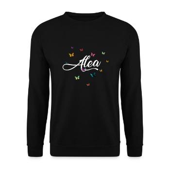 ALEA - Mädchen Name mit bunten Schmetterlingen - Unisex Pullover - Schwarz - Vorne - Alina (178cm) & Michal (187cm)