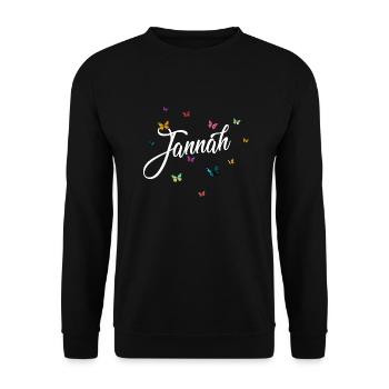 JANNAH - Mädchen Name mit bunten Schmetterlingen - Unisex Pullover - Schwarz - Vorne - Alina (178cm) & Michal (187cm)