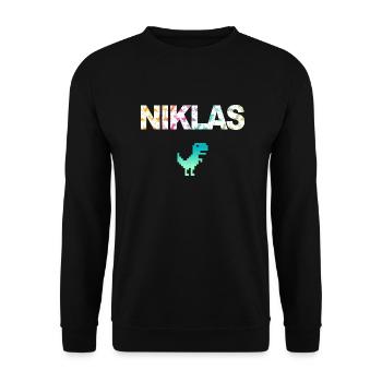 NIKLAS - Beautiful boy name with dinosaur - Unisex Sweatshirt - black - Front - Alina (178cm) & Michal (187cm)