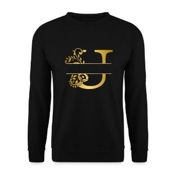 Personalisierter Blumen-U-Buchstabe aus Gold - Geschenkidee - Unisex Pullover - Schwarz - Vorne - Alina (178cm) & Michal (187cm)