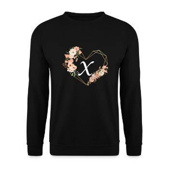 Buchstabe x florales goldenes Herz - Unisex Pullover - Schwarz - Vorne - Alina (178cm) & Michal (187cm)