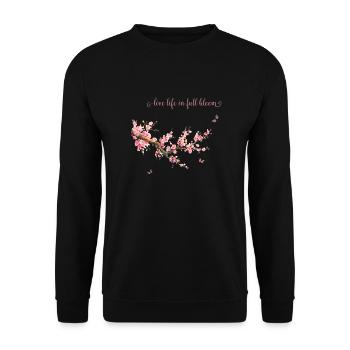 Lebe dein Leben in voller Blüte-Typografie - Unisex Pullover - Schwarz - Vorne - Alina (178cm) & Michal (187cm)