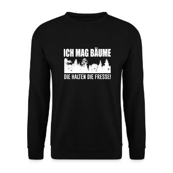 Wald lustiger Spruch ich mag Bäume - Unisex Pullover - Schwarz - Vorne - Alina (178cm) & Michal (187cm)