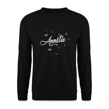 ANNELIE - Mädchen Name mit bunten Schmetterlingen - Unisex Pullover - Schwarz - Vorne - Alina (178cm) & Michal (187cm)