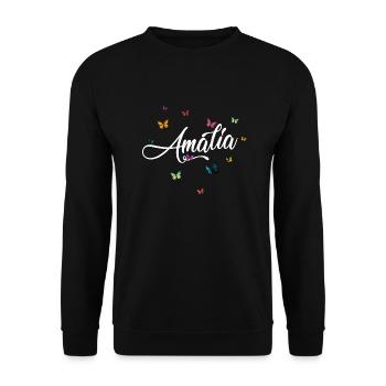 AMALIA - Mädchen Name mit bunten Schmetterlingen - Unisex Pullover - Schwarz - Vorne - Alina (178cm) & Michal (187cm)