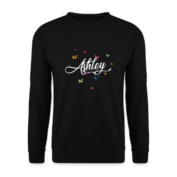 ASHLEY - Mädchen Name mit bunten Schmetterlingen - Unisex Pullover - Schwarz - Vorne - Alina (178cm) & Michal (187cm)