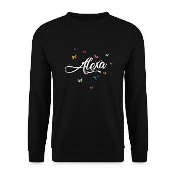 ALEXA - Mädchen Name mit bunten Schmetterlingen - Unisex Pullover - Schwarz - Vorne - Alina (178cm) & Michal (187cm)