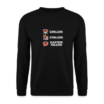 grillen, chillen Kasten killen Männerabend - Unisex Pullover - Schwarz - Vorne - Alina (178cm) & Michal (187cm)