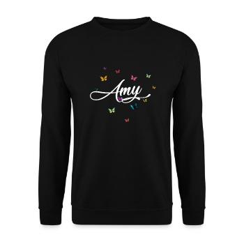 AMY - Mädchen Name mit bunten Schmetterlingen - Unisex Pullover - Schwarz - Vorne - Alina (178cm) & Michal (187cm)