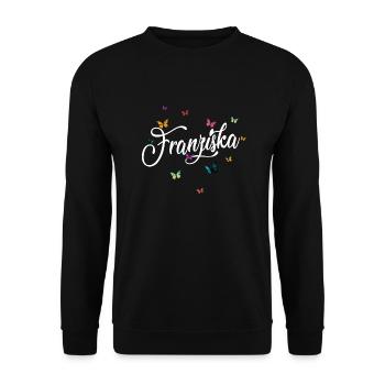 FRANZISKA - Mädchen Name & bunten Schmetterlingen - Unisex Pullover - Schwarz - Vorne - Alina (178cm) & Michal (187cm)