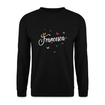 FRANCESCA - Mädchen Name & bunten Schmetterlingen - Unisex Pullover - Schwarz - Vorne - Alina (178cm) & Michal (187cm)