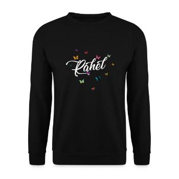 RAHEL - Mädchen Name mit bunten Schmetterlingen - Unisex Pullover - Schwarz - Vorne - Alina (178cm) & Michal (187cm)