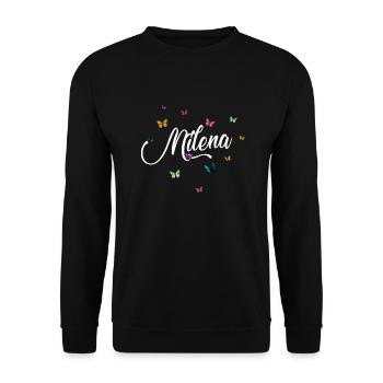 MILENA - Mädchen Name mit bunten Schmetterlingen - Unisex Pullover - Schwarz - Vorne - Alina (178cm) & Michal (187cm)