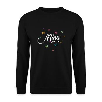 MINA - Mädchen Name mit bunten Schmetterlingen - Unisex Pullover - Schwarz - Vorne - Alina (178cm) & Michal (187cm)