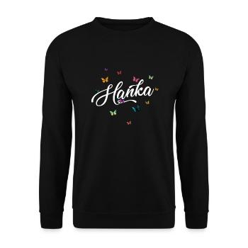 HANKA - Mädchen Name mit bunten Schmetterlingen - Unisex Pullover - Schwarz - Vorne - Alina (178cm) & Michal (187cm)