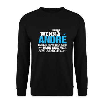 ANDRÉ - kann es reparieren - Unisex Pullover - Schwarz - Vorne - Alina (178cm) & Michal (187cm)