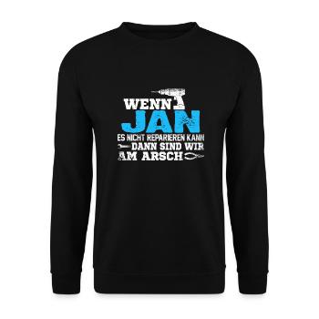 JAN - kann es reparieren - Unisex Pullover - Schwarz - Vorne - Alina (178cm) & Michal (187cm)