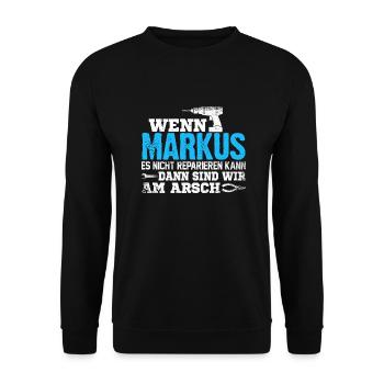 MARKUS - kann es reparieren - Unisex Pullover - Schwarz - Vorne - Alina (178cm) & Michal (187cm)