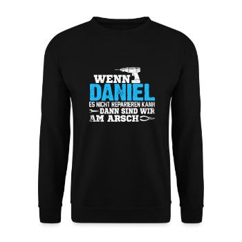 DANIEL - kann es reparieren - Unisex Pullover - Schwarz - Vorne - Alina (178cm) & Michal (187cm)