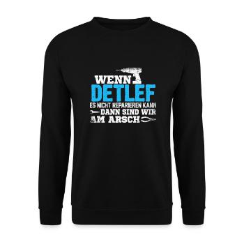 DETLEF - kann es reparieren - Unisex Pullover - Schwarz - Vorne - Alina (178cm) & Michal (187cm)
