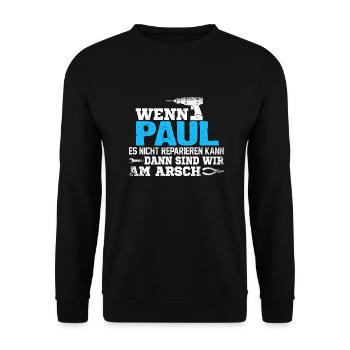 PAUL - kann es reparieren - Unisex Pullover - Schwarz - Vorne - Alina (178cm) & Michal (187cm)
