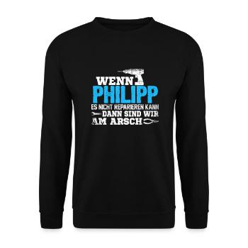 PHILIPP - kann es reparieren - Unisex Pullover - Schwarz - Vorne - Alina (178cm) & Michal (187cm)
