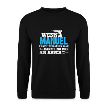 MANUEL - kann es reparieren - Unisex Pullover - Schwarz - Vorne - Alina (178cm) & Michal (187cm)