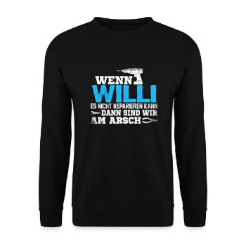 WILLI - kann es reparieren - Unisex Pullover - Schwarz - Vorne - Alina (178cm) & Michal (187cm)