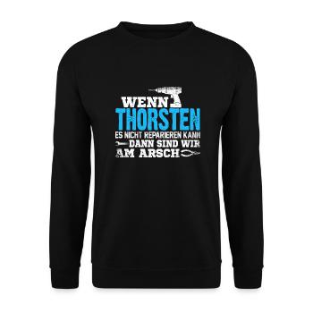 THORSTEN - kann es reparieren - Unisex Pullover - Schwarz - Vorne - Alina (178cm) & Michal (187cm)