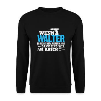 WALTER - kann es reparieren - Unisex Pullover - Schwarz - Vorne - Alina (178cm) & Michal (187cm)