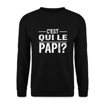 "C'est qui le papi?" t-shirt humour papi - Sweat-shirt Unisexe - noir - Devant - Alina (178cm) & Michal (187cm)