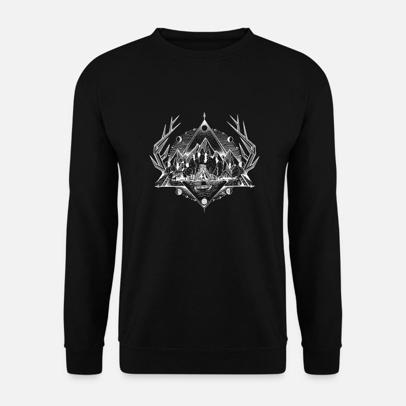 Landschaft Geometrisch Berge Geweih Mond Kanu Wald - Unisex Pullover - Schwarz