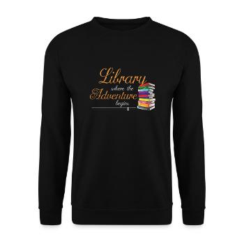 Bookworm Gifts Library Where The Adventure Begins - Sweat-shirt Unisexe - noir - Devant - Alina (178cm) & Michal (187cm)