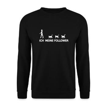 Frau mit Katzen Followern lustiger Katze Spruch 1 - Unisex Pullover - Schwarz - Vorne - Alina (178cm) & Michal (187cm)
