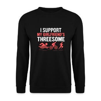 I Support My Girlfriend's Threesome Swim Cycle Run - Unisex Pullover - Schwarz - Vorne - Alina (178cm) & Michal (187cm)