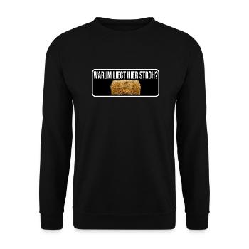Warum liegt hier stroh - Unisex Pullover - Schwarz - Vorne - Alina (178cm) & Michal (187cm)