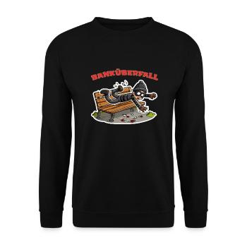 Banküberfall - Witziges Wortspiel im Cartoon Stil - Unisex Pullover - Schwarz - Vorne - Alina (178cm) & Michal (187cm)