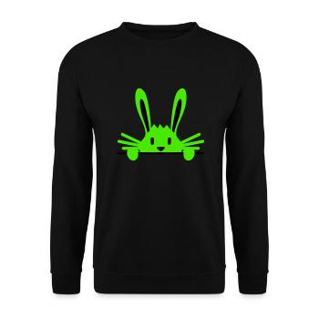 Hase versteckt sich schüchtern hinter Mauer Zaun - Unisex Pullover - Schwarz - Vorne - Alina (178cm) & Michal (187cm)