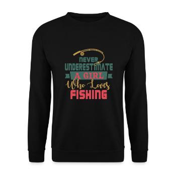 Unterschätze nie ein Mädchen, dass Fischen liebt - Unisex Pullover - Schwarz - Vorne - Alina (178cm) & Michal (187cm)