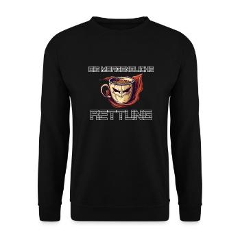 Die Morgendliche Rettung in Form von Kaffee Latte - Unisex Pullover - Schwarz - Vorne - Alina (178cm) & Michal (187cm)