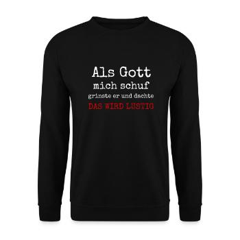 Lustiger Spruch als Gott mich schuf - Unisex Pullover - Schwarz - Vorne - Alina (178cm) & Michal (187cm)